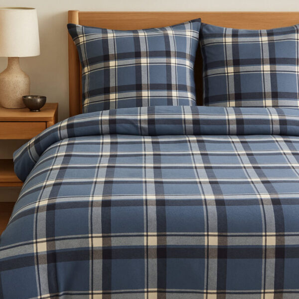 Drap, housse couette flanelle Ecossais bleu nuit
