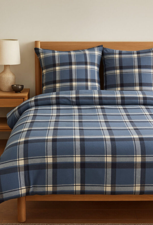 Drap, housse couette flanelle Ecossais bleu nuit